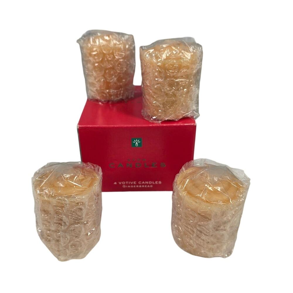 AVON GINGERBREAD VOTIVE 2" CANDLES – SET OF 4 – NEW IN BOX – VINTAGE 2000